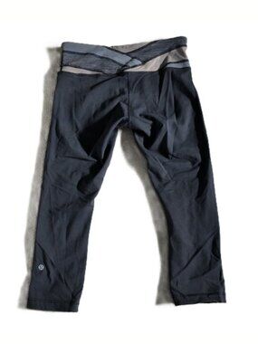 EUC Lululemon Wunder Under Crop Leggings- Black w/ Grey & Tan Waistband